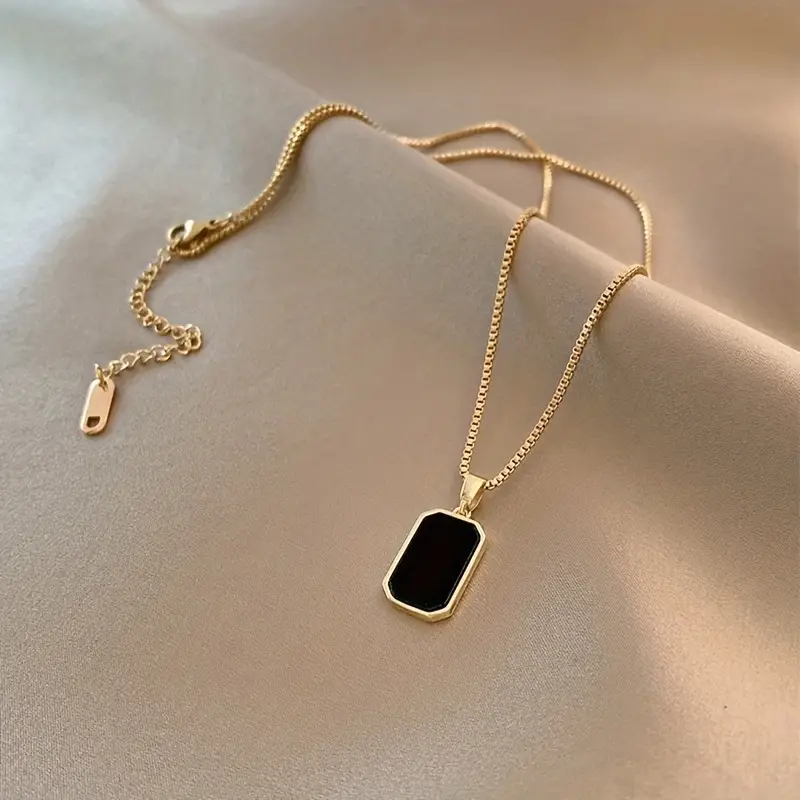 Golden Square Black Shell Pendant Necklace