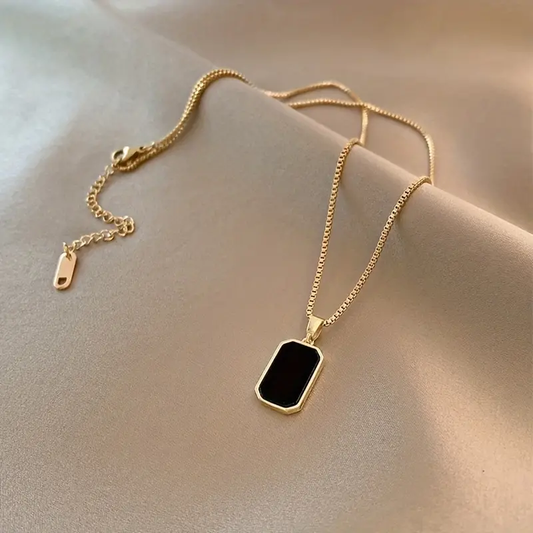 Golden Square Black Shell Pendant Necklace