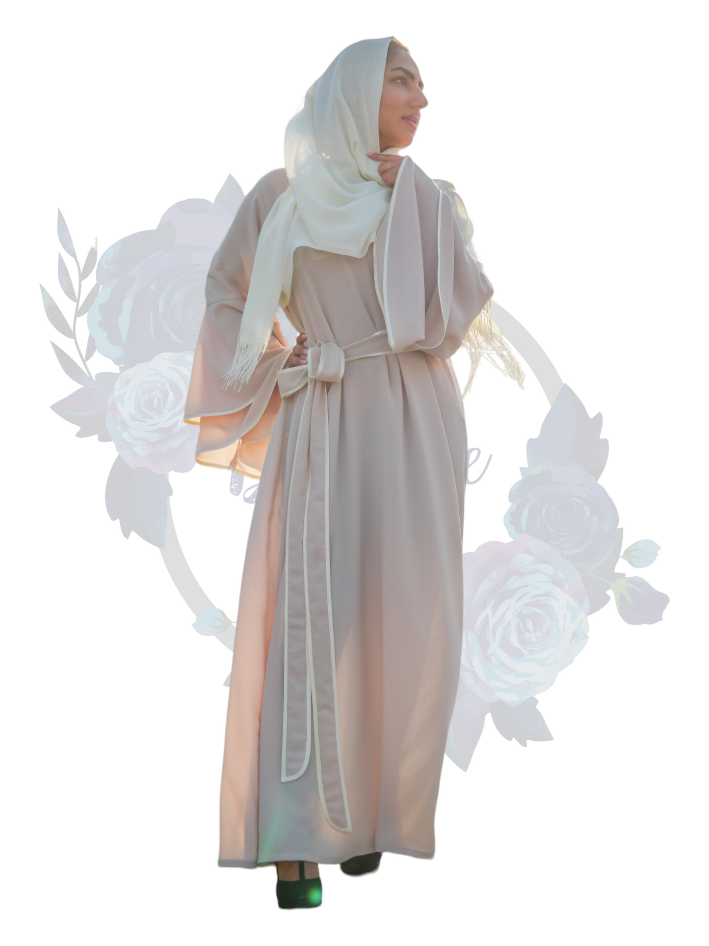 Nashiz Abaya - Cream / Salmon Pink