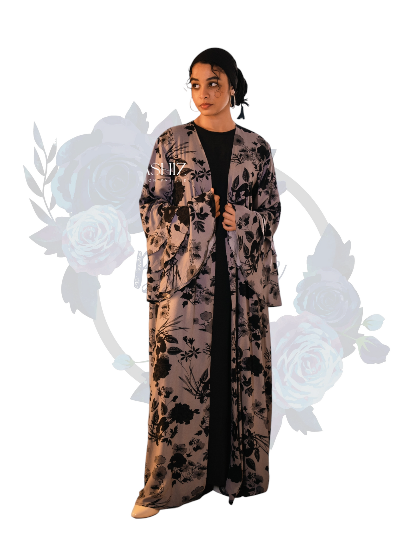 Fall Collection '24 - Black & Grey Floral Print Kimono [NF052]