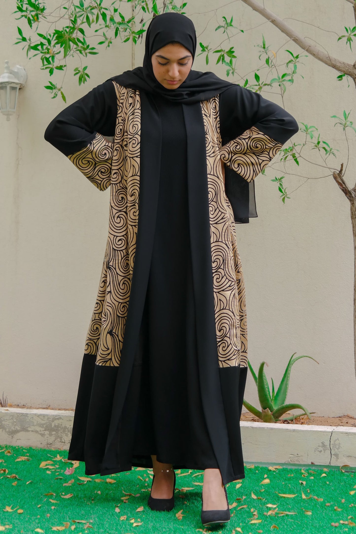 Nashiz Abaya - Black and Gold Lace [A19128]