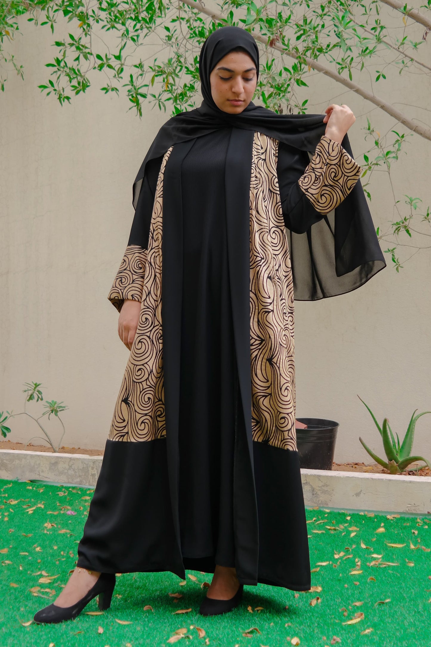 Nashiz Abaya - Black and Gold Lace [A19128]