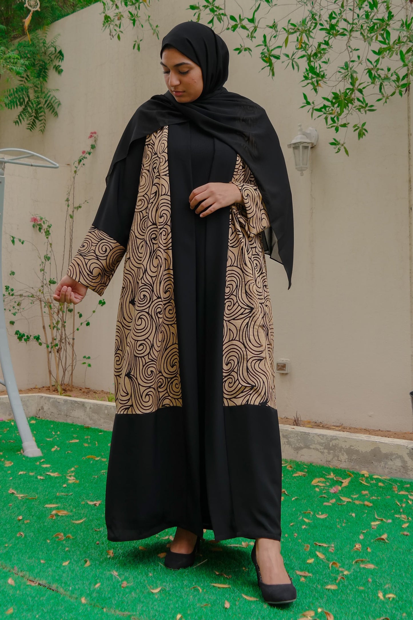 Nashiz Abaya - Black and Gold Lace [A19128]